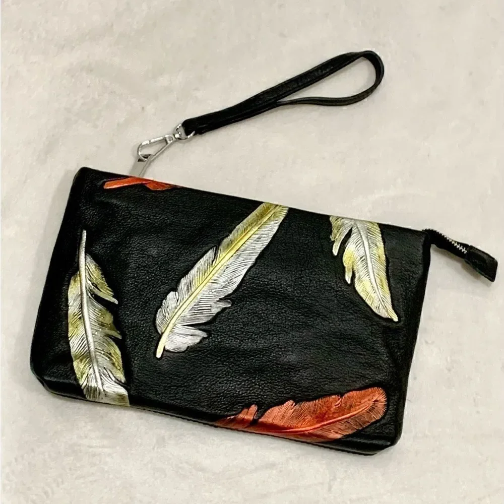 Handmade Genuine Leather Feather Embossed XL Zip Clutch/Wristlet/ Crossbody